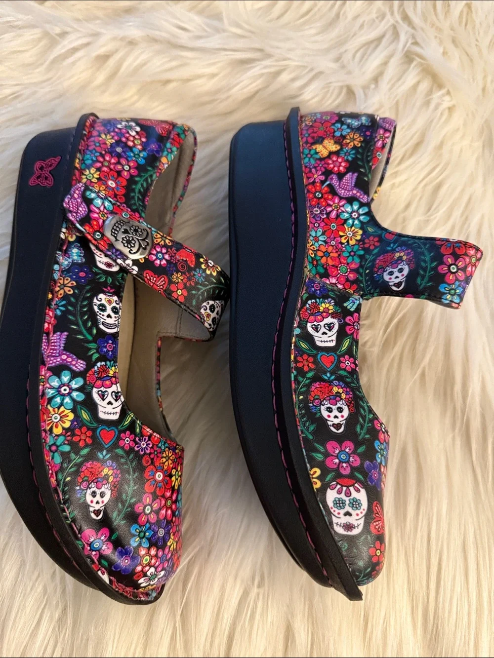 Alegria Black Multicolor Floral & Skull Mary Jane Shoes